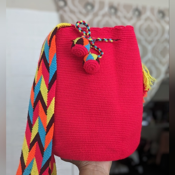 Wayuu Tribe Handbags - Authentic Wayuu bag / Fuchsia  pink  / multicolored strap/ Size M/ Mochila Wayuu